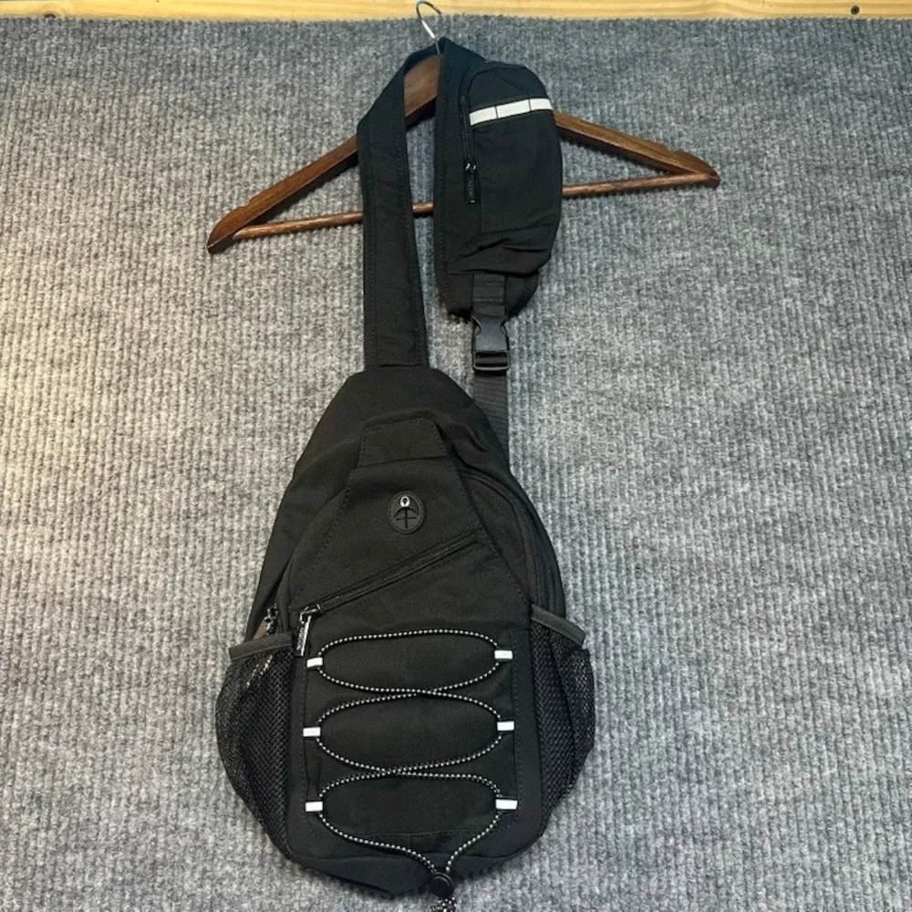 Black Sling Backpack Crossbody Shoulder Bag with Bungee Cord and Headphone Port